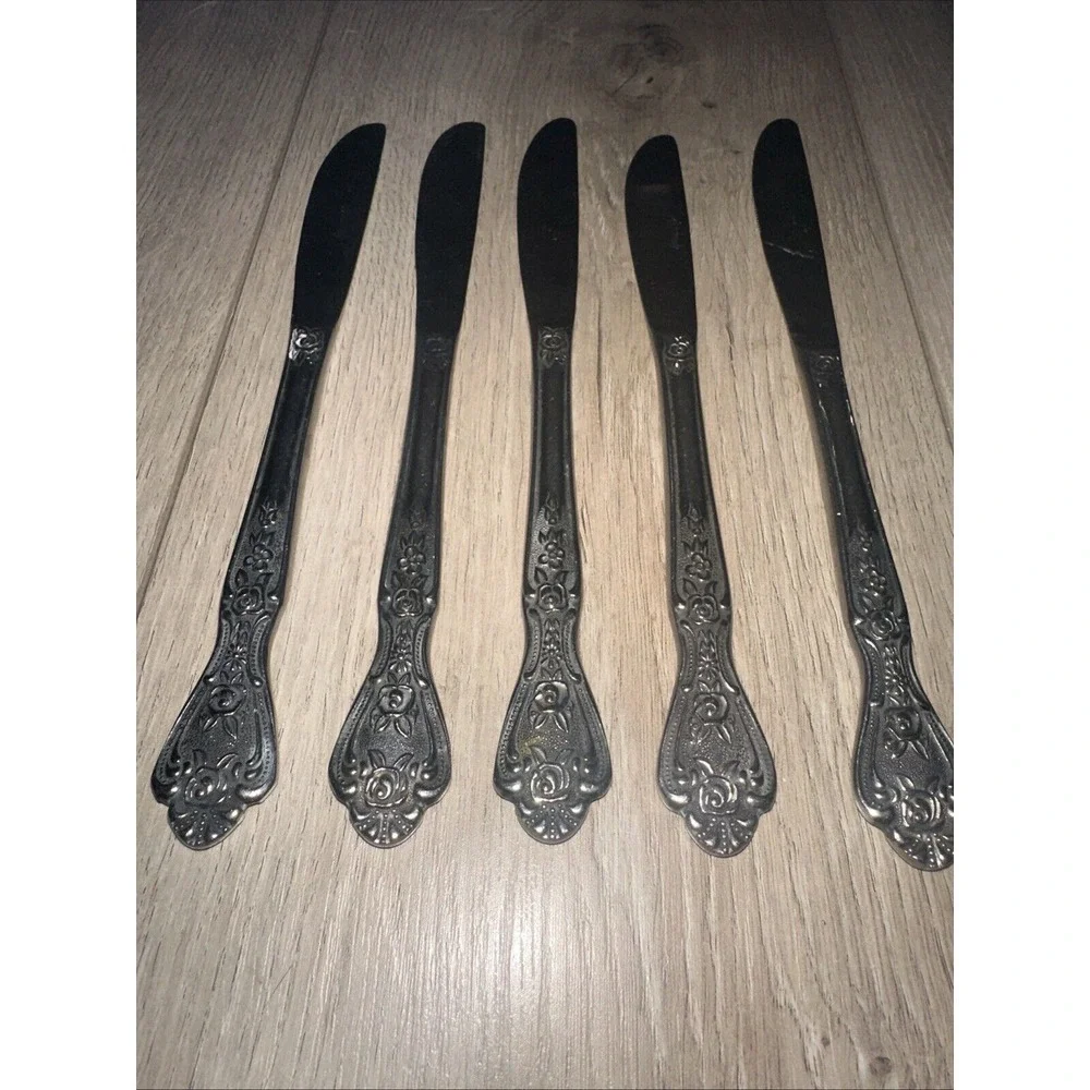 Set of 5 Knives Normandy Rose Floral Flatware Stainless‎ Steel Japan Vintage